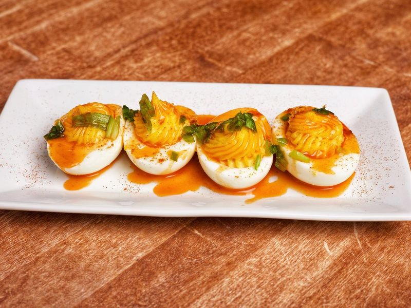 Hot Honey Chicken Deviled Eggs at Sunrise Social