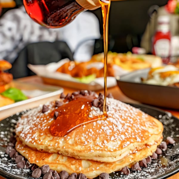 Maple syrup pouring onto chocolate chip pancakes with powdered sugar at Sunrise Social.