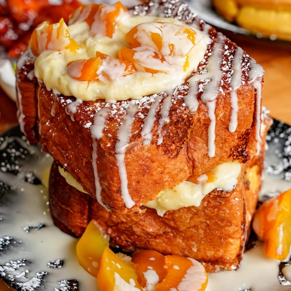 Stacked French toast with creamy topping, peaches, powdered sugar, and glaze at Sunrise Social.